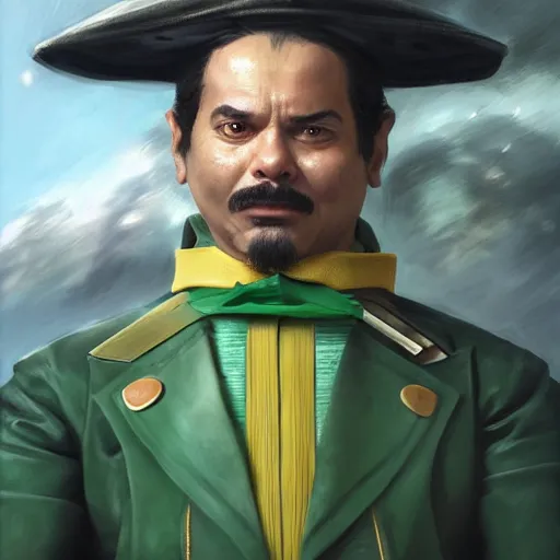 Image similar to hyper realistic, realistic - anime, portrait, beautifully rendered, italian garb the future, dune, caricature, luis guzman as luigi wearing green, smirking deviously, luigi, luigi's nose, painted by gustave courbet, greg rutkowski, wlop, artgerm, dishonored 2,