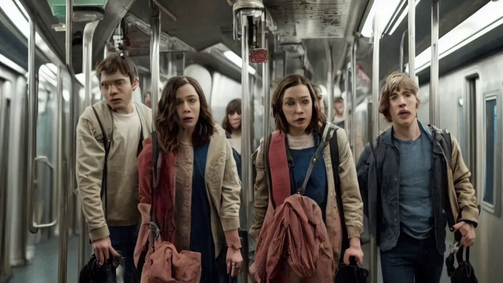 Prompt: an high quality still from an a 2 4 horror movie about riding the subway at night directed by ari aster