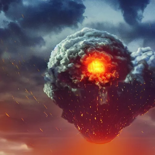 Prompt: centered action photography shot of extremely detailed hyper realistic nuclear bomb explosion in a city, professional film photography, 8 k, cinematic framing, muted color palette