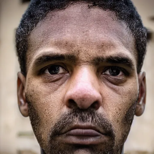 Prompt: close up face male portrait of a prison inmate just released from jail