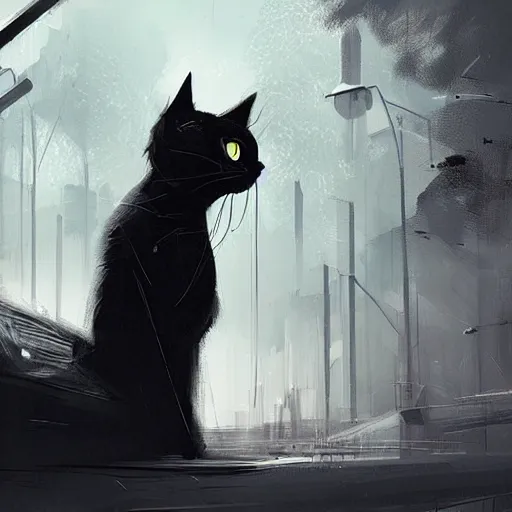 Image similar to a detailed matte painting of a black cat with white led eyes, by Ismail Inceoglu , concept art, featured on cgsociety