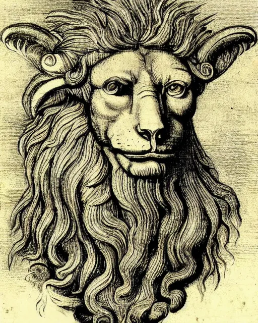 Prompt: a creature, human eyes, eagle beak, lion mane, two horns on the head, drawn by da vinci