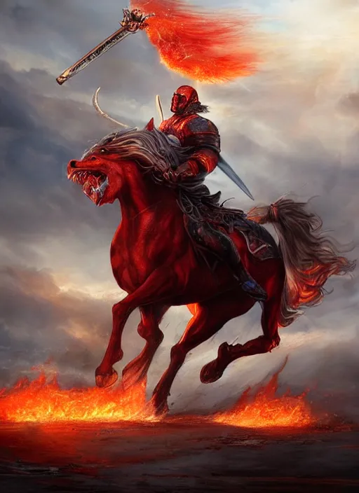 Image similar to the first singular horseman of the apocalypse riding a strong big red stallion, horse is running, the rider carries a large sword, flames from the ground, artwork by artgerm and rutkowski, breathtaking, dramatic, full view