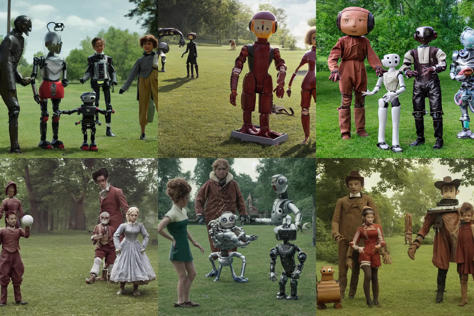 Prompt: detailed, sharp, a boy and a girl and with their cute pet humanoid robot are playing soccer with three friendly humanoid aliens, wearing 1850s era clothes, in a park on a strange alien planet, extremely highly detailed, 70 mm action still from a classic period sci fi color movie, 8k, HD, cinematic lighting