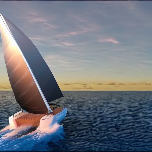 Image similar to hyper intelligent alien sailors in sailboat on open sea sunrise hopeful hd digital