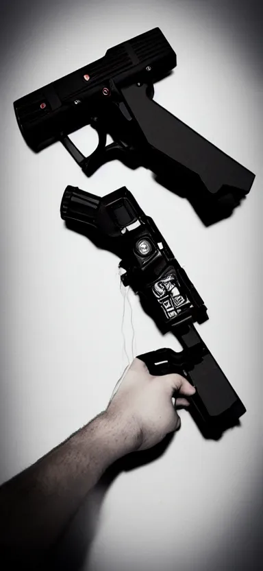 Image similar to “ hand holding laser gun, cinematic, digital art, retro, award winning ”