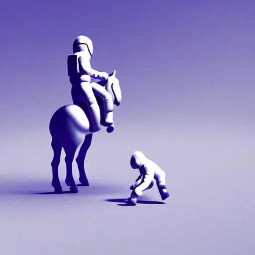 Prompt: an astronaut standing on the ground and a small trippy aggressive centaur standing on that poor little human standing on all fours astronaut, trying to ride it, the minimalistic lonely horse is on his shoulders, minimalist style, 3 d render, isometry