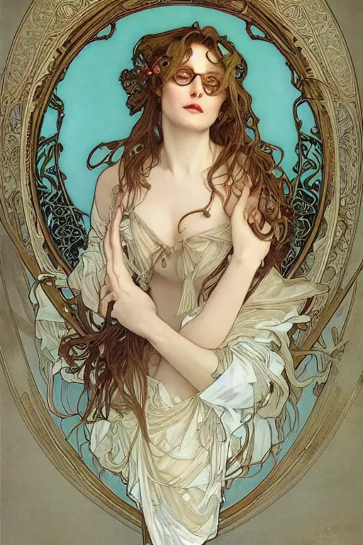 Prompt: profile portrait of sexy mature older woman wearing tainted glasses by Alphonse Mucha, Ayami Kojima, Amano, Charlie Bowater, Karol Bak, Greg Hildebrandt, Jean Delville and Mark Brooks, Art Nouveau, Neo-Gothic, gothic, deep rich colors