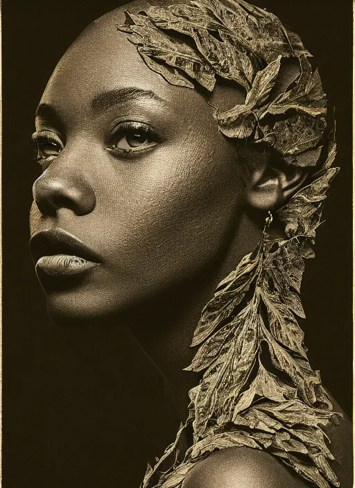 Image similar to a beautiful black woman's face in profile made of leaf skeleton, in the style of the dutch masters and gregory crewdson, dark and moody,