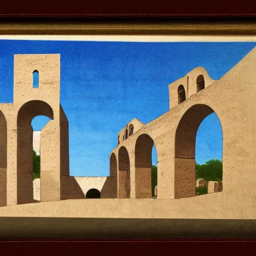 Prompt: flat primitive drawing, front view, full face, aqueduct with 4 arches