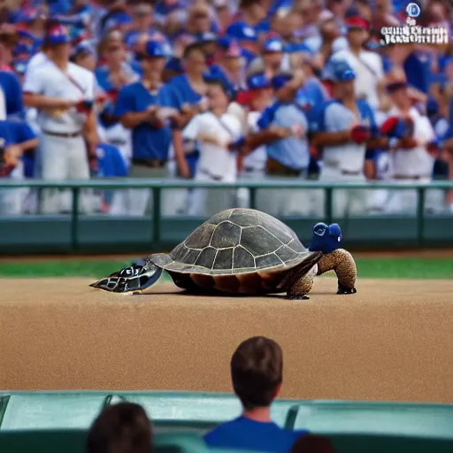 Prompt: turtle singing national anthem at chicago cubs game, by normal rockwell