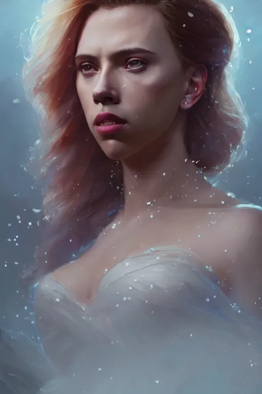 Image similar to a fancy portrait of a crystalized Scarlett Johansson by Greg Rutkowski, Sung Choi, Mitchell Mohrhauser, Maciej Kuciara, Johnson Ting, Maxim Verehin, Peter Konig, final fantasy , mythical, 8k photorealistic, cinematic lighting, HD, high details, atmospheric,