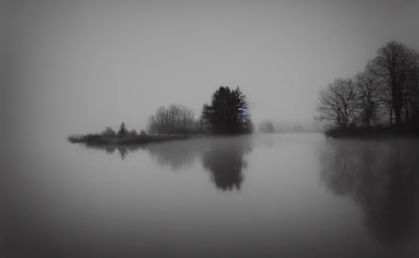 Image similar to lake by Andrei Tarkovsky, mist, fairytale, lomography effect, photo, monochrome, photo blurring, 35mm