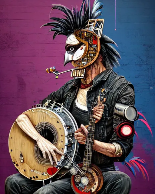 Image similar to a portrait of an anthropomorphic cyberpunk rooster playing a banjo by sandra chevrier, by jon foster, detailed render, tape deck, epic composition, cybernetics, 4 k realistic, cryengine, realistic shaded lighting, sharp focus, masterpiece, by enki bilal