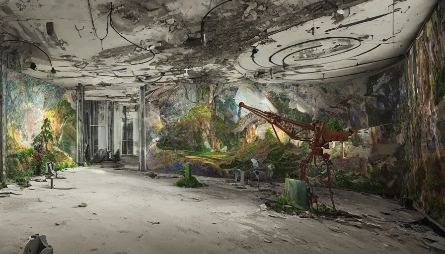 Image similar to robotic painters draw lush landscapes in an abandoned art gallery, 4 k, cinematic lighting