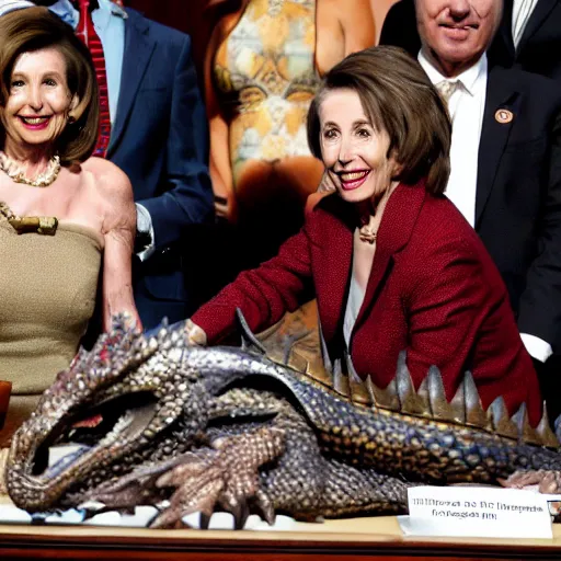 Image similar to Smaug the dragon from the Hobbit movies with Nancy Pelosi's head guarding her pile of treasure