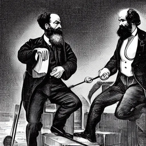 Prompt: karl marx fighting donald trump on marimbas. black and white high contrast