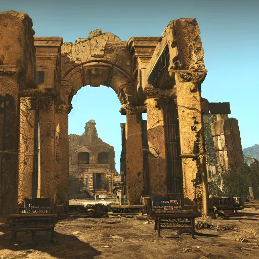 Prompt: Valle dei Templi, Agrigento, Italy in ruins post-nuclear war in Fallout 4, in game screenshot, ultra detailed, 8K render