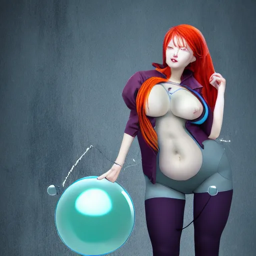 Prompt: redhead alchemist is inflated an experiment gone wrong. her clothes are stretched tightly around her body and she's about to burst. photorealistic full body image