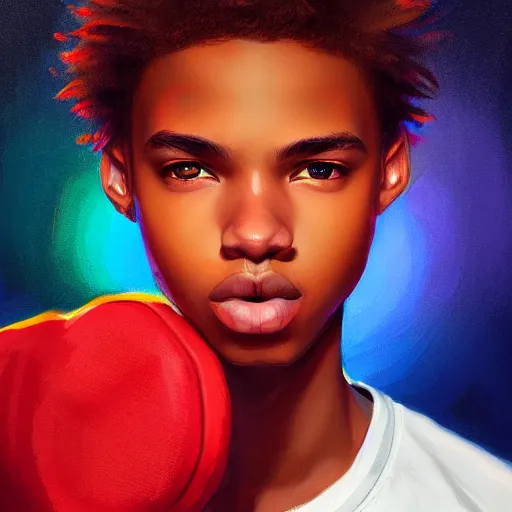 Image similar to colorful and festive captivating teenager with straight brown hair covering his eye, dark skin, big lips, wearing a red t - shirt. rich vivid colors, ambient lighting, dynamic lighting, 4 k, atmospheric lighting, painted, intricate, highly detailed by charlie bowater