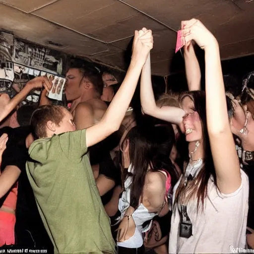 Prompt: 2 guys in a private booth at a dance club throwing money in the air, surrounded by girls, made by banksy