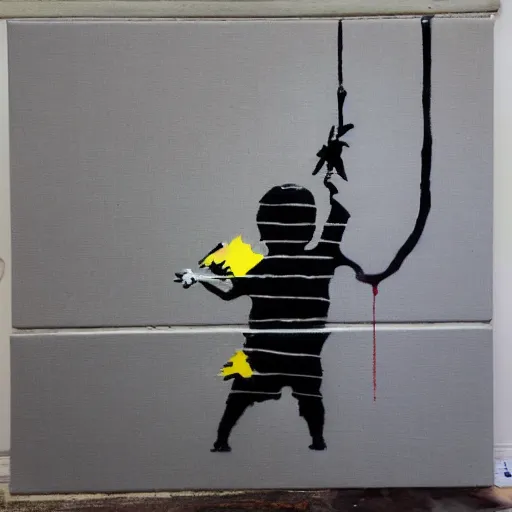 Image similar to banksy art addict painting on canvas