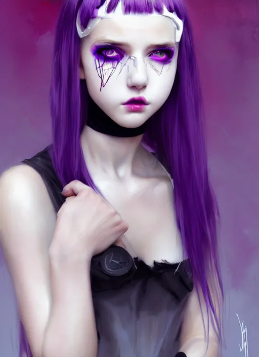 Image similar to portrait of white teenage girl, normal face, white bangs, mall goth, cyberlox, black and white hair, bangs, fluffy bangs, red contact lenses, purple lipstick, intricate, elegant, highly detailed, digital painting, artstation, concept art, sharp focus, smooth, illustration, art by wlop, mars ravelo and greg rutkowski