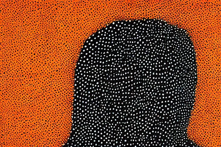 Image similar to anxiety, faceless people dark, dots abstract, dripping, stipple, pointillism, technical, abstract, minimal, style of francis bacon, asymmetry, pulled apart, stretch, cloak, eerie, made of dots, abstraction chemicals, balaclava mask, colored dots, sploch