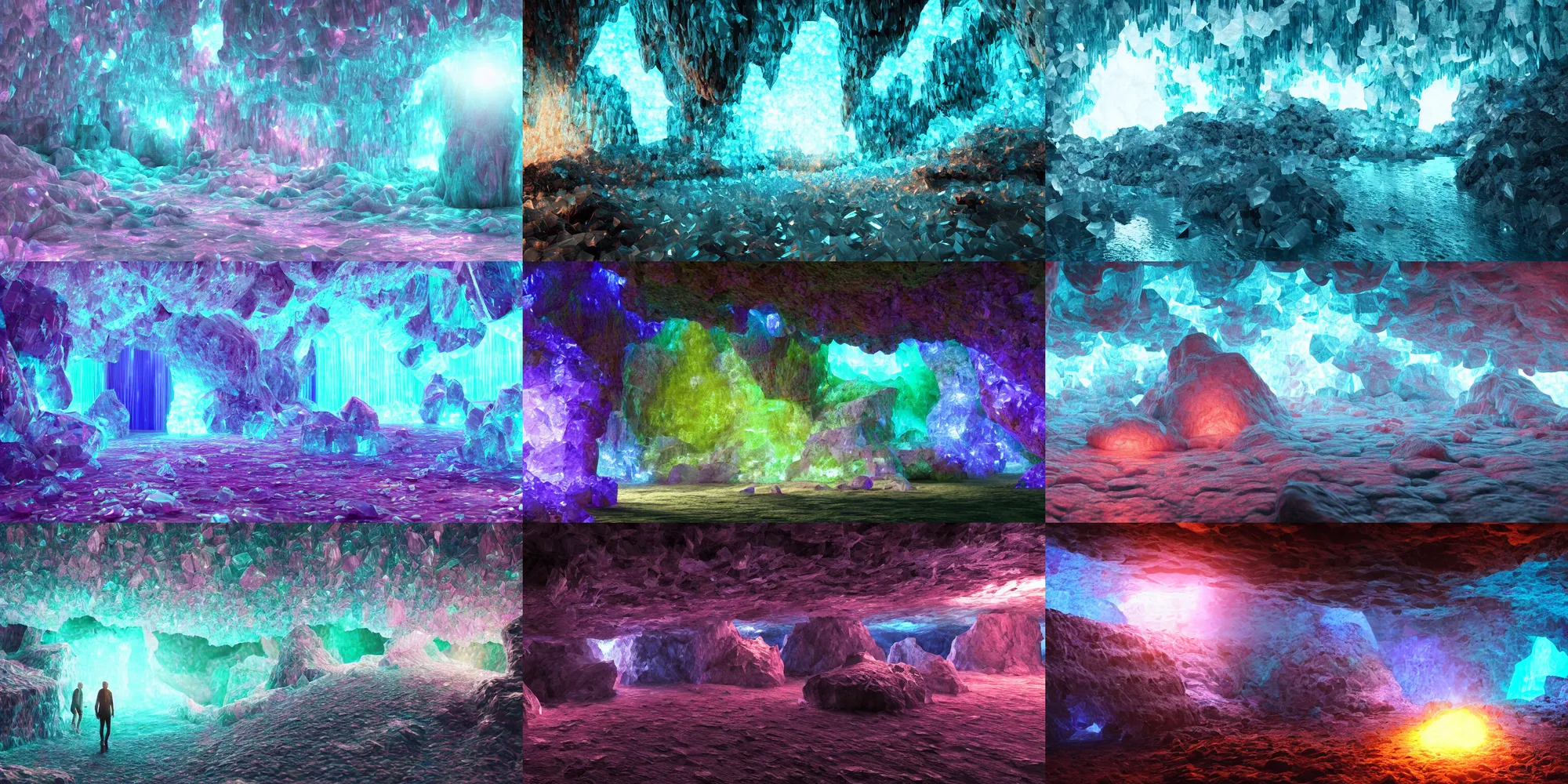 Prompt: an 8K photograph of a glowing crystal cave. the entrance to the cave is in the middle of the photograph. the crystals are many different colors. Beautiful, Vray, Octane Render, photorealistic