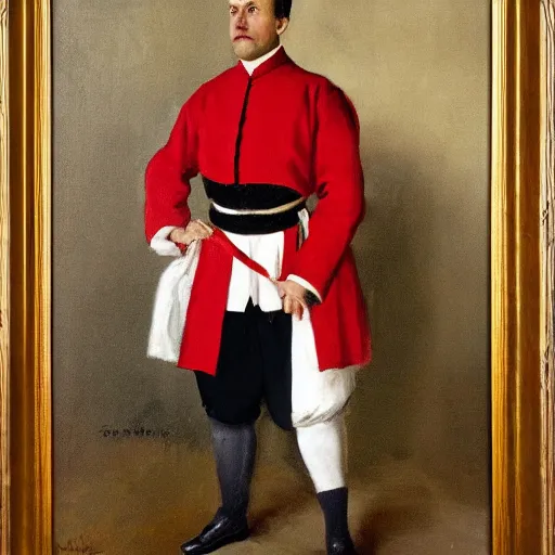 Image similar to the honorable duke, a 5 0 year old man in traditional german noble attire, red and white belt on top of his suit, oil on canvas, 1 9 0 5