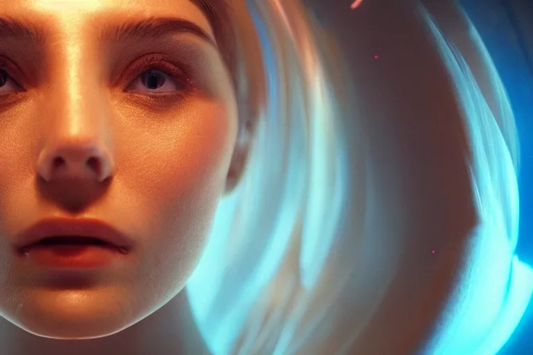 Image similar to VFX movie of a futuristic space woman gorgeous closeup portrait in future spaceship, beautiful natural skin neon lighting by Emmanuel Lubezki