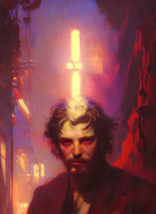 Image similar to illustration by gaston bussiere, gerome, craig mullins, greg rutkowski, john singer sargent. portrait of eddie munson joseph quinn. 8 0's neon retro. lights, glow, magical. dark background.