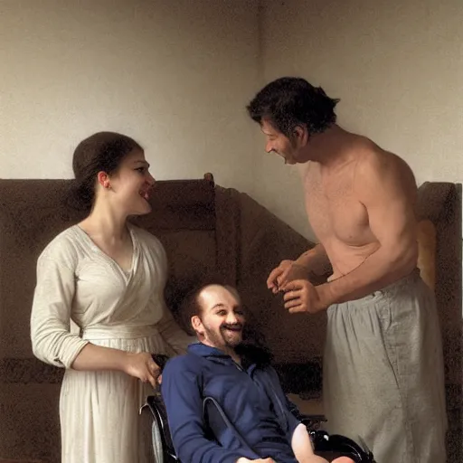 Image similar to a male patient in a wheelchair in the hospital with his wife and son standing by. happy, cheerful, smiling, intricate, face enhance, sharp focus, cinematic lighting, 8 k, art by greg rutkowski, william adolphe bouguereau