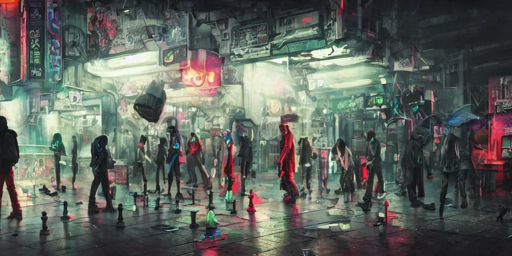 Prompt: teenagers with tech clothing and hoods and futuristic gas masks painting graffitis about chess pawns on the walls of a dystopian city, neon lights, sci - fi, night lights, rain and haze, concept art, intricate, photorealistic, in the style of katsuhiro otomo, akira, octane render, rtx, hdr, unreal engine