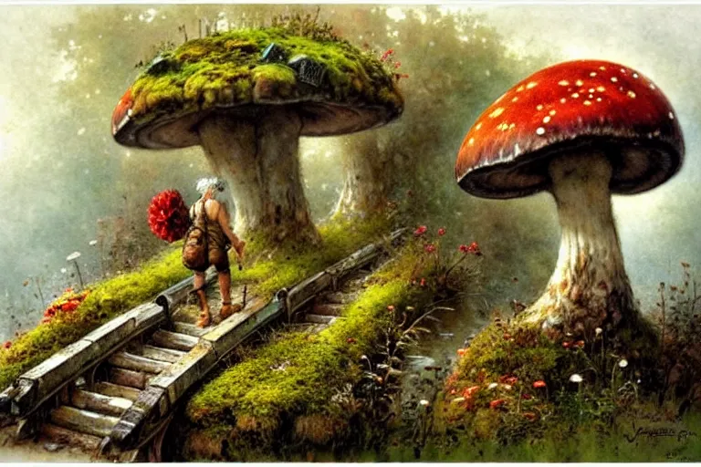 Image similar to adventurer ( ( ( ( ( 1 9 5 0 s retro future forrest of giant mushrooms, moss and flowers stone bridge. muted colors. ) ) ) ) ) by jean baptiste monge!!!!!!!!!!!!!!!!!!!!!!!!! chrome red