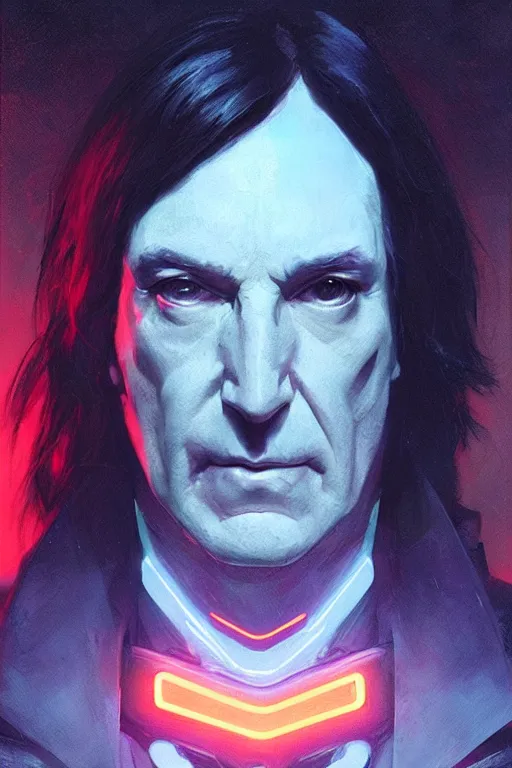 Image similar to portrait of cyborg severus snape in cyberpunk, neon lighting, night city, digital art from artstation by Ruan Jia and Mandy Jurgens and Artgerm and william-adolphe bouguereau and Greg Rutkowski