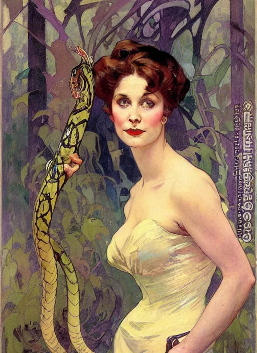 Image similar to an art nouveau copic maker portrait of a woman holding a snake in the night by john berkey by edward hopper, alphonse mucha, loish, norman rockwell