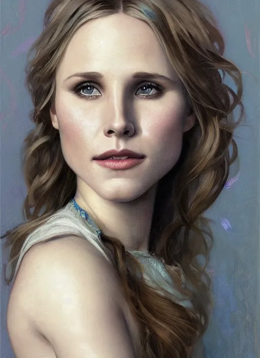 Prompt: beautiful portrait ofkristen bell, soft features, by magali villeneuve and greg rutkowski and artgerm and alphonse mucha and jeremy lipkin and michael garmash and rob hay, intricate, elegant, highly detailed, photorealistic, trending on artstation, trending on cgsociety, 8 k, sharp focus
