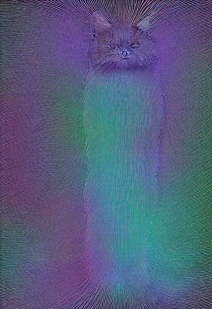 Image similar to stacked plot of radio emissions from a pulsar, abstracted light refractions and stripy interference, making up a fluffy cat, isolated on black, highly detailed high resolution, silk screen t-shirt design in the style of FELIPE PANTONE 4K