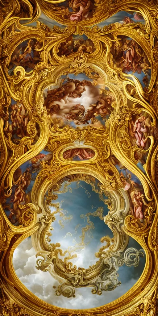 Image similar to the source of future growth dramatic, elaborate emotive Golden Baroque and Rococo styles to emphasise beauty as a transcendental, seamless pattern, symmetrical, large motifs, sistine chapel ceiling, 8k image, supersharp, rococo spirals and baroque swirls, white smoke and rainbow ink dropping in water, Gold black and rainbow colors, perfect symmetry, 3D, no blur, sharp focus, photorealistic, insanely detailed and intricate, cinematic lighting, Octane render, epic scene, 8K