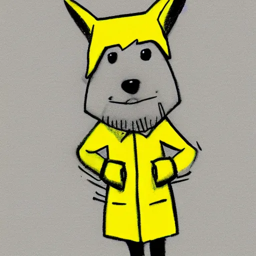 Prompt: cartoon sketch of a wolf wearing a yellow raincoat