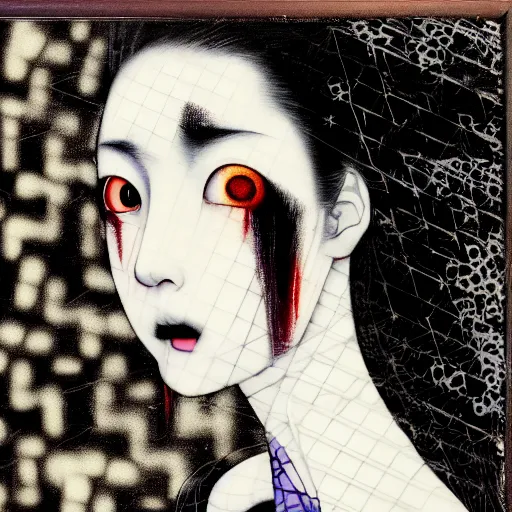 Prompt: yoshitaka amano blurred and dreamy three quarter angle portrait of a young woman with black lipstick and black eyes looking up and to the side wearing dress suit with tie, junji ito abstract patterns in the background, satoshi kon anime, noisy film grain effect, highly detailed, renaissance oil painting, weird portrait angle, blurred lost edges