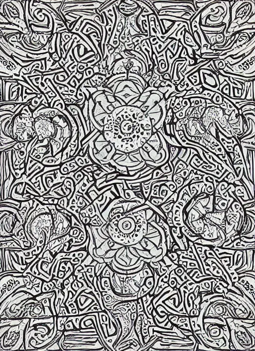 Image similar to lsd molecule morphing in sacred geometries, pattern, black and white, outline, highly detailed, intricate