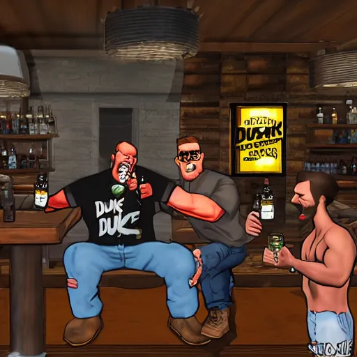 Prompt: duke nukem and serious sam drinking beer in a bar