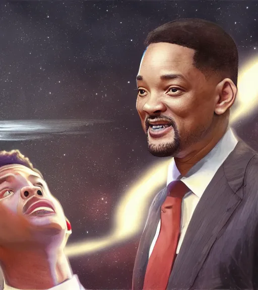 Image similar to will smith slapping elon musk, digital painting, liminal eerie midnight backlit, a picture taken by Michael Komarck and Daniel Ljunggren