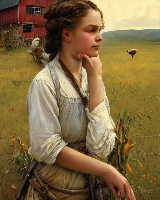 Image similar to side portrait Appalachian farm girl with detailed features, weathered barn in the backdrop, chickens on the ground, Appalachian trees, sharp focus, illustration, highly detailed, oil painting, matte, art by Greg Rutkowski and Alphonse Mucha, masterpiece