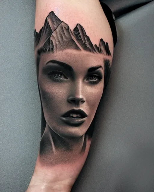 Image similar to double exposure effect tattoo design sketch of megan fox with beautiful mountains, realism tattoo, in the style of andrey lukovnikov, amazing detail, sharp, surrealist