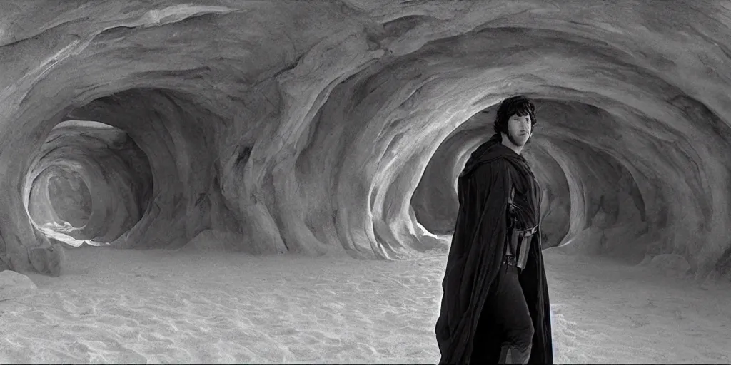 Image similar to Paul Rudd in the movie Dune, black and white matte painting, comic book, walking through a large arch gateway in the desert