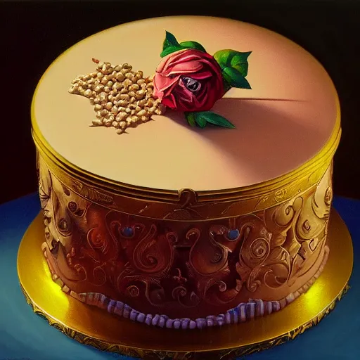 Prompt: painting of a fancy pastel baroque cake by greg hildebrandt high quality award winning trending on art station