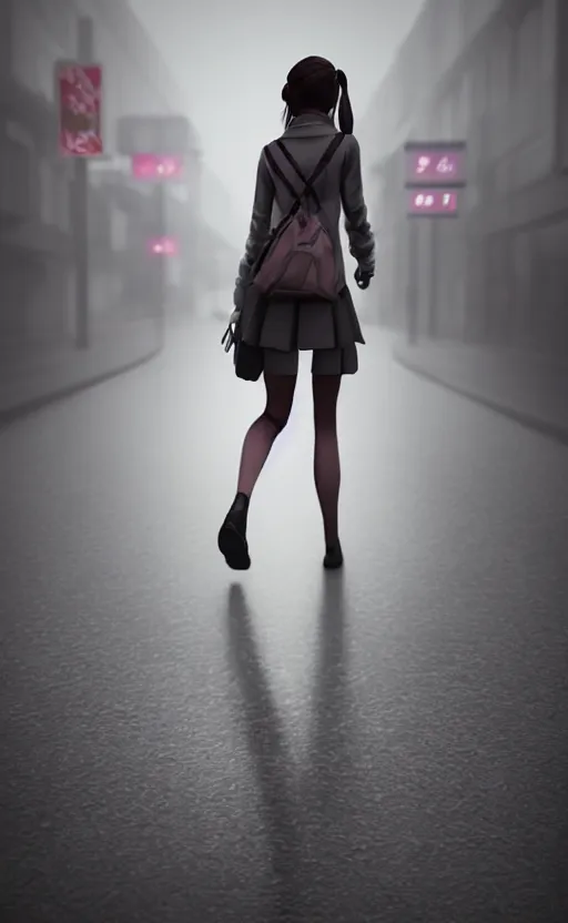 Image similar to school girl walking at night, gloomy and foggy atmosphere, octane render, cgsociety, artstation trending, horror scene, highly detailded